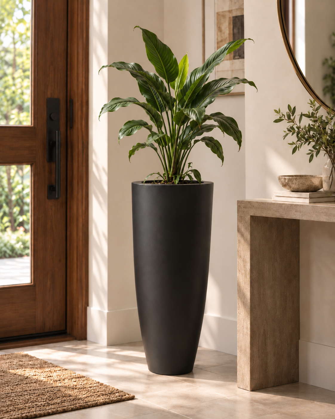 Taper Architectural Planter styled beside an entrance with greenery and neutral exterior decor