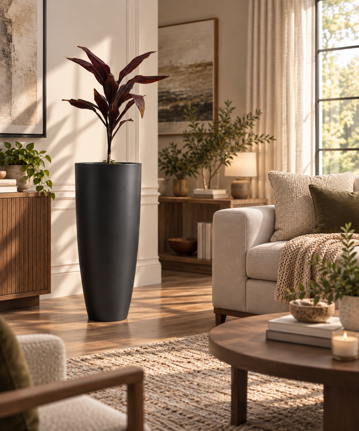 Taper Architectural Planter styled in a living room beside neutral furniture and indoor greenery