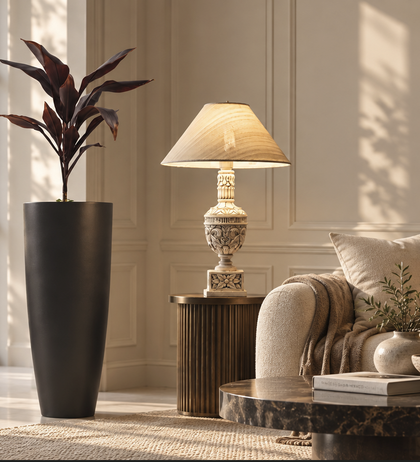 Bellora Sculptural Table Lamp styled in a warm living room with neutral seating and natural wood accents